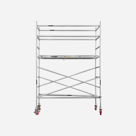 Front view of a 4.6m reach slim scaffold with 2.6m platform height, 2.5m length x 1.3m wide, displayed on a plain grey background, Yakka Gear Australia.