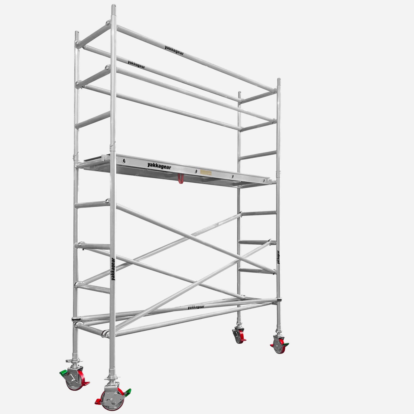 45-degree angle view of a 4.6m reach slim scaffold with 2.6m platform height, 2.5m length x 1.3m wide, displayed on a plain grey background, Yakka Gear Australia.