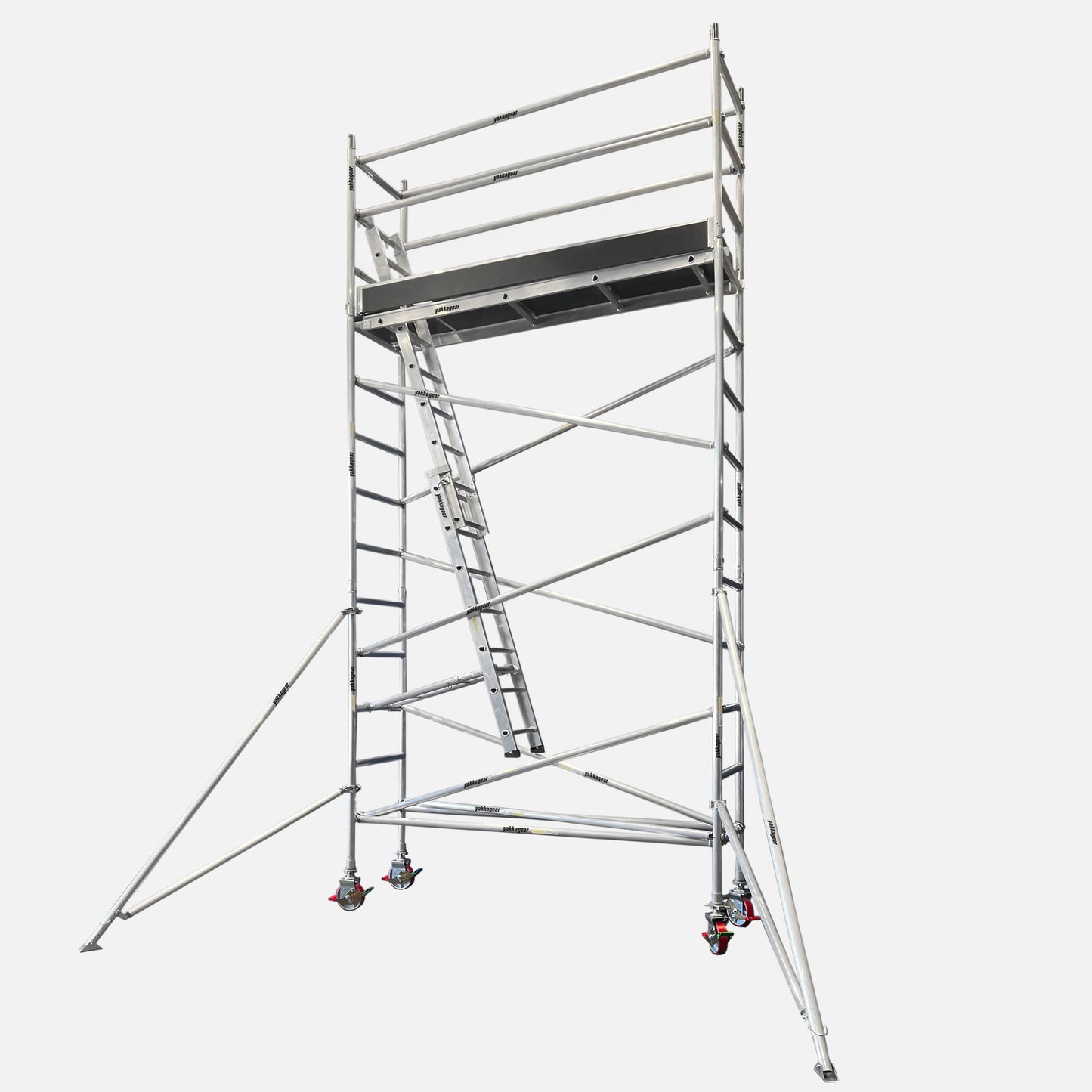 Yakka Gear aluminium mobile scaffold tower with 6.6m reach and single-level platform, displayed against a white background. This standard configuration features one marine plywood platform, a single internal access ladder, guard rails, diagonal and horizontal braces, stabilisers, 8-inch adjustable caster wheels, and toe boards—engineered for safe, reliable elevated work access