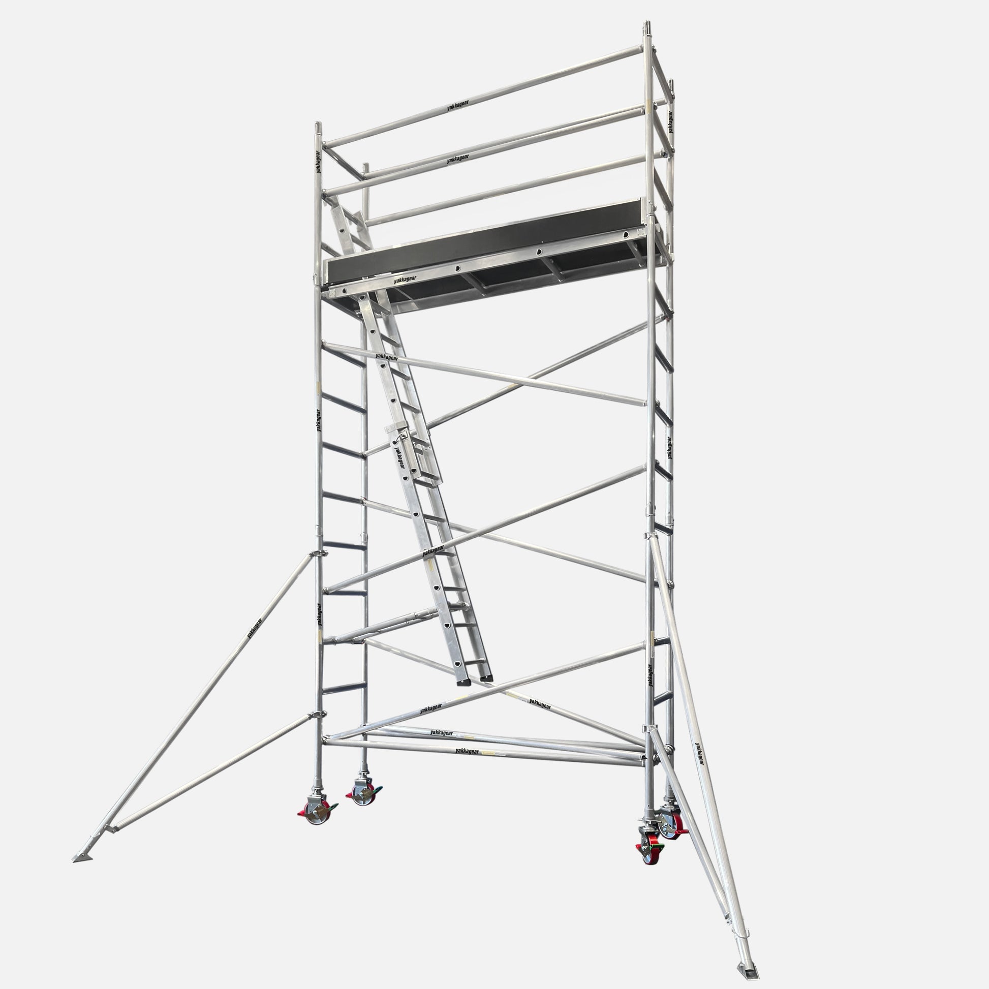 Yakka Gear aluminium mobile scaffold tower with 6.6m reach and single-level platform, displayed against a white background. This standard configuration features one marine plywood platform, a single internal access ladder, guard rails, diagonal and horizontal braces, stabilisers, 8-inch adjustable caster wheels, and toe boards—engineered for safe, reliable elevated work access