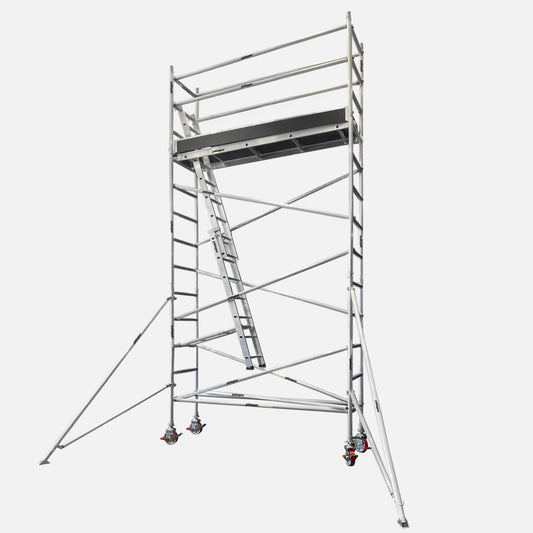 Yakka Gear aluminium mobile scaffold tower with 6.6m reach and single-level platform, displayed against a white background. This standard configuration features one marine plywood platform, a single internal access ladder, guard rails, diagonal and horizontal braces, stabilisers, 8-inch adjustable caster wheels, and toe boards—engineered for safe, reliable elevated work access