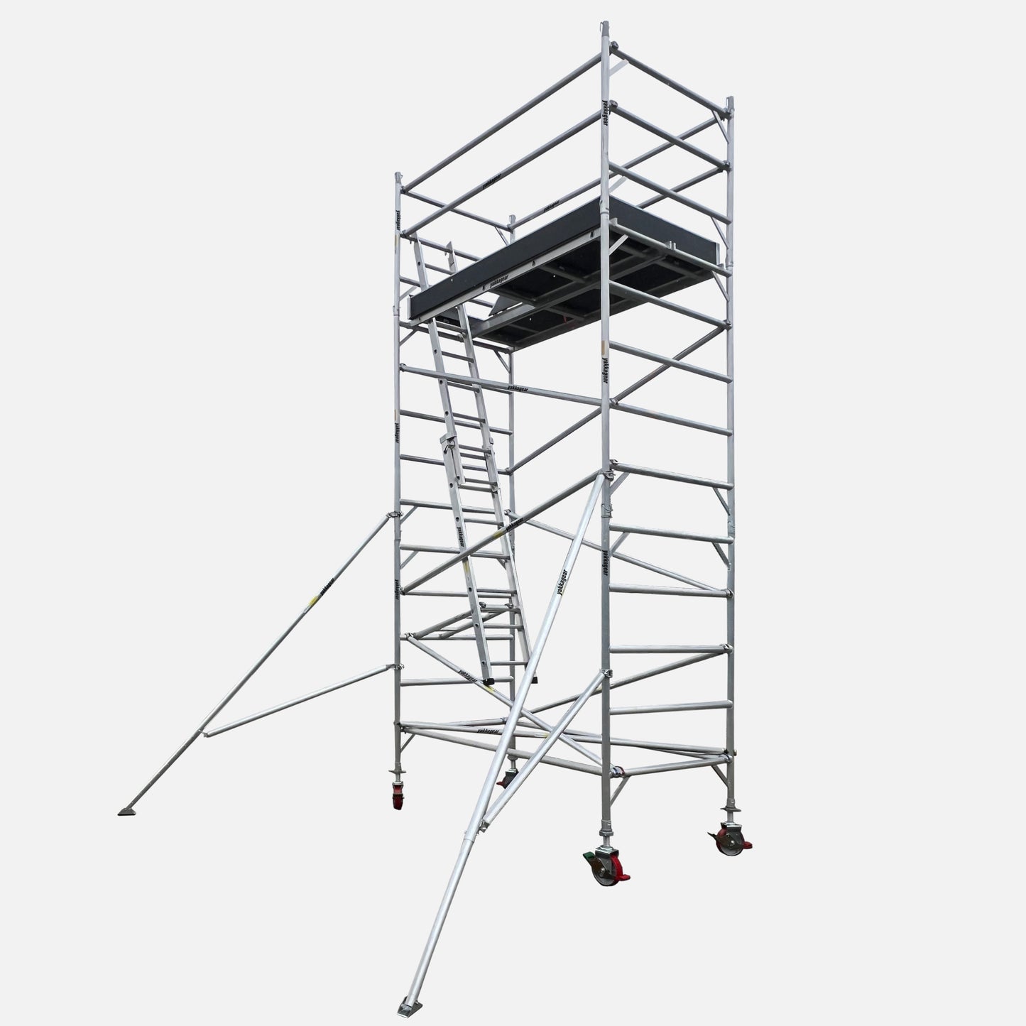 Yakka Gear aluminium mobile scaffold tower with 6.6m reach and 1.3m wide double platform setup, shown against a white background. Features two 0.74m wide marine plywood platforms placed side by side, a single internal access ladder, guard rails, diagonal and horizontal braces, stabilisers, 8-inch adjustable caster wheels, and toe boards—providing a spacious and stable elevated work surface.