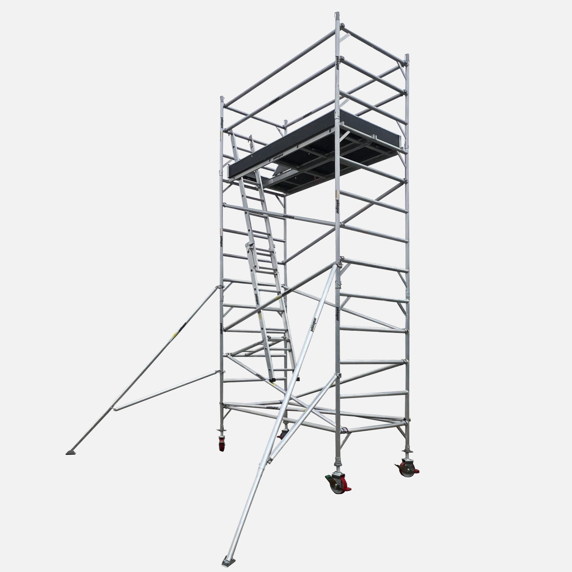 Yakka Gear aluminium mobile scaffold tower with 6.6m reach and 1.3m wide double platform setup, shown against a white background. Features two 0.74m wide marine plywood platforms placed side by side, a single internal access ladder, guard rails, diagonal and horizontal braces, stabilisers, 8-inch adjustable caster wheels, and toe boards—providing a spacious and stable elevated work surface.