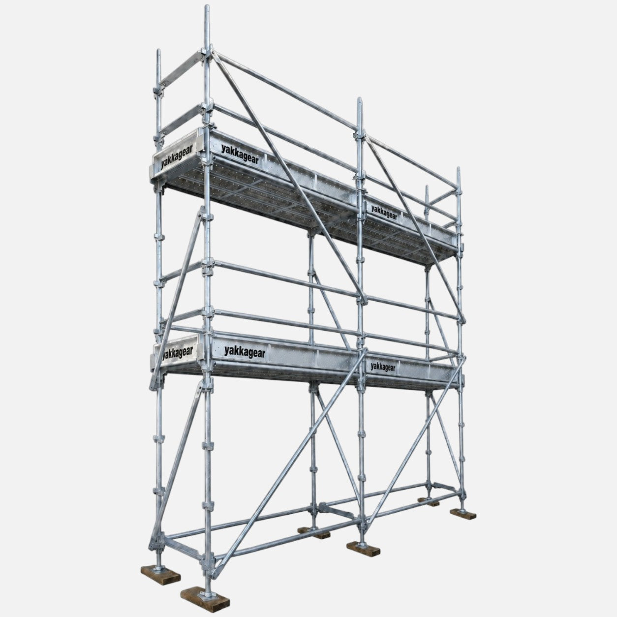 Yakka Gear 6m reach slim double-deck Kwikstage Scaffolding system in galvanised steel, featuring a 4m upper platform height, 4.8m overall length and 0.7m slim width, with two working deck levels, guardrails, diagonal bracing, adjustable base jacks and Yakka Gear branded components, designed for construction and elevated access applications across Austr