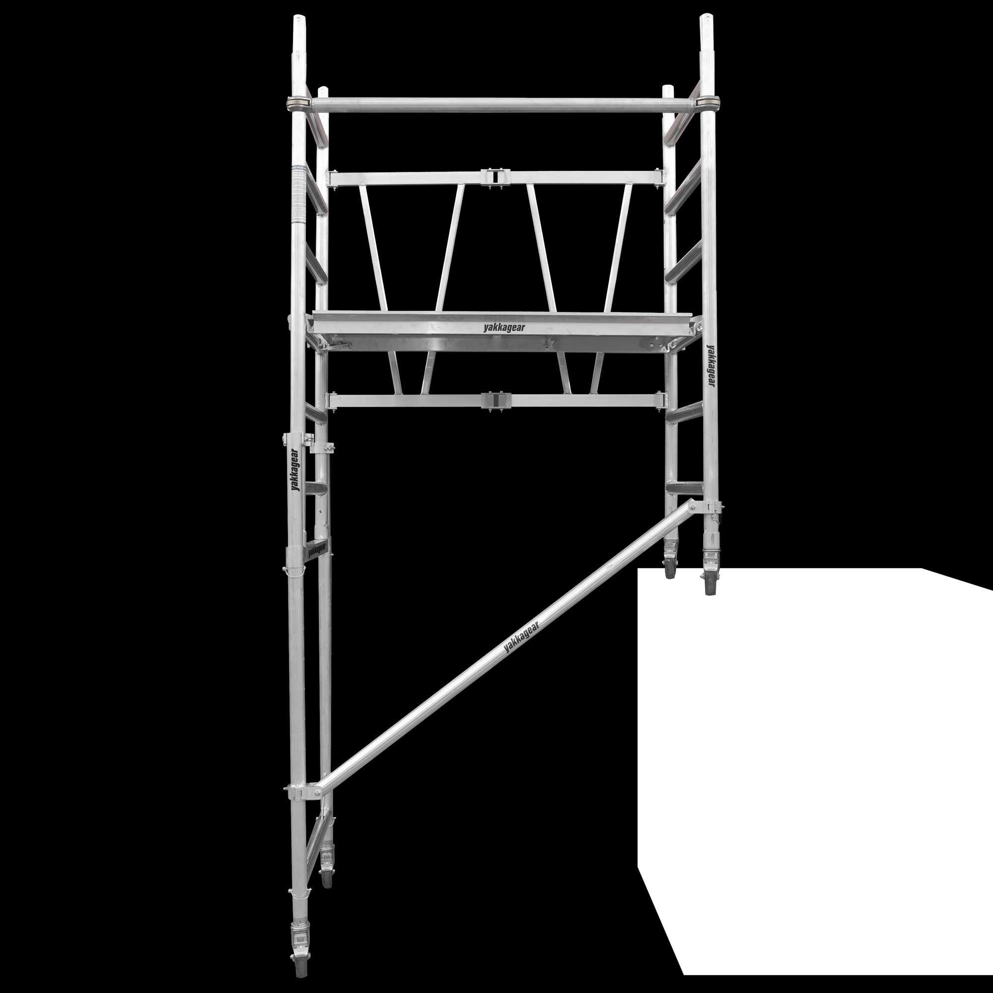 Yakka Gear Australia Adjustable Stairs toolkit used on 1.44m Length x 0.74m Width compact scaffolding tower as access equipment, with working platform heights ranging from 1.2m to 3.9m and reach between 3.25m to 6m, zoomed in detailed view of the stairs toolkit with the rest of the scaffold greyed out example used on a big block step, with black background. 
