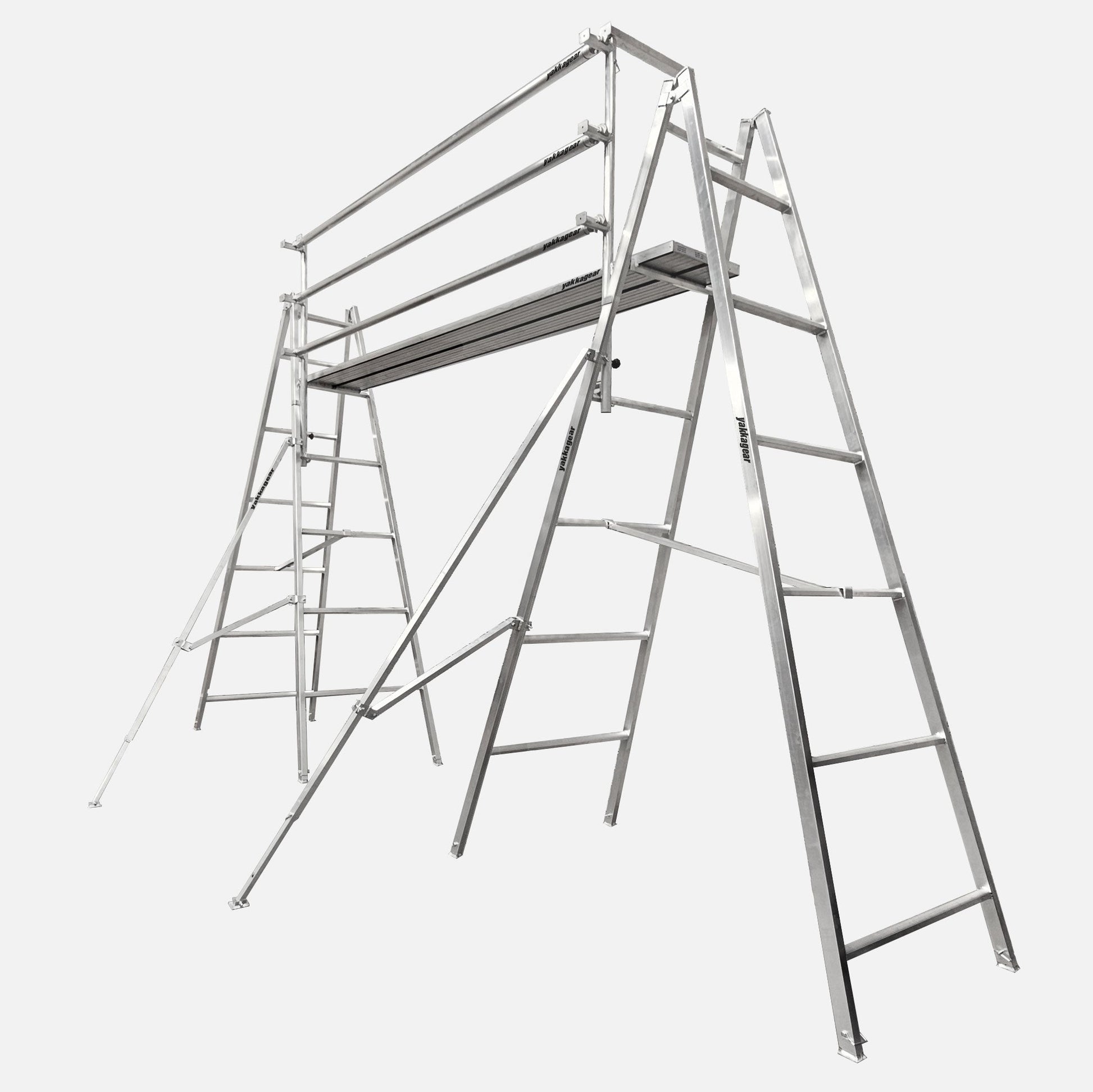 Melbourne Made Adjustable Aluminium A-Frame Trestle Ladders Handrails Guard Rails from Yakka Gear. Available for trestles at sizes 1.8m, 2.4m, 3.0m, 3.6m, 4.2m, and 4.8m. For planks up to 6m lengths, can be extended to longer lengths. All trestles adjustable to be higher by 26cm on each leg. Has spreader bars and outriggers. View from the side Angle.
