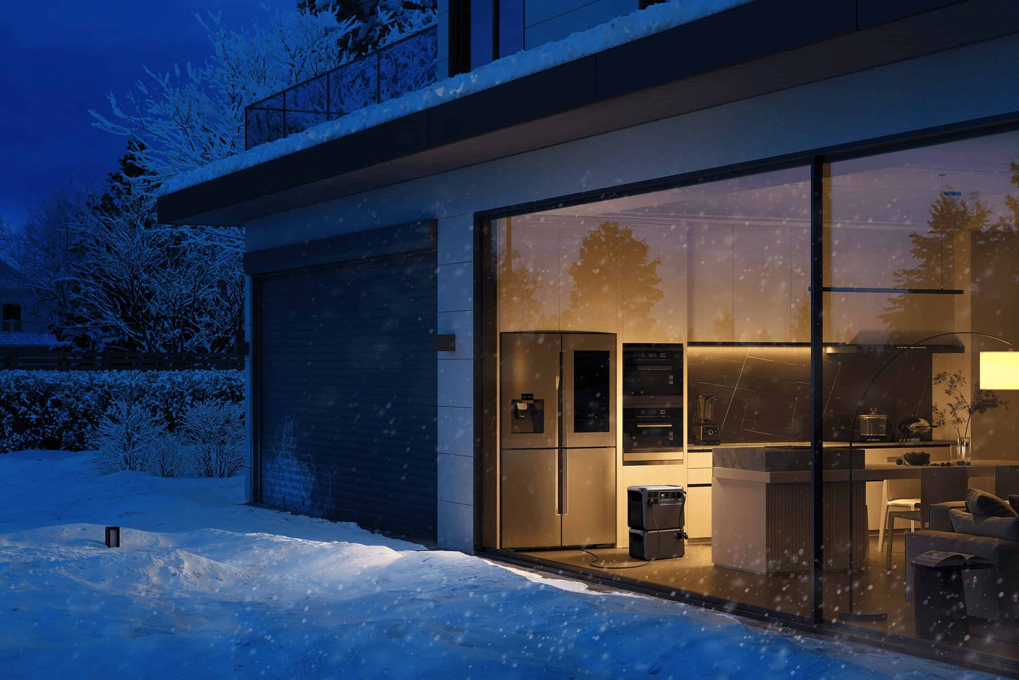 DJI Power 2000 in use during a winter power outage — powering kitchen appliances while snow falls outside the window; reliable backup power solution for tradies, families, and emergency use, available from Yakka Gear.