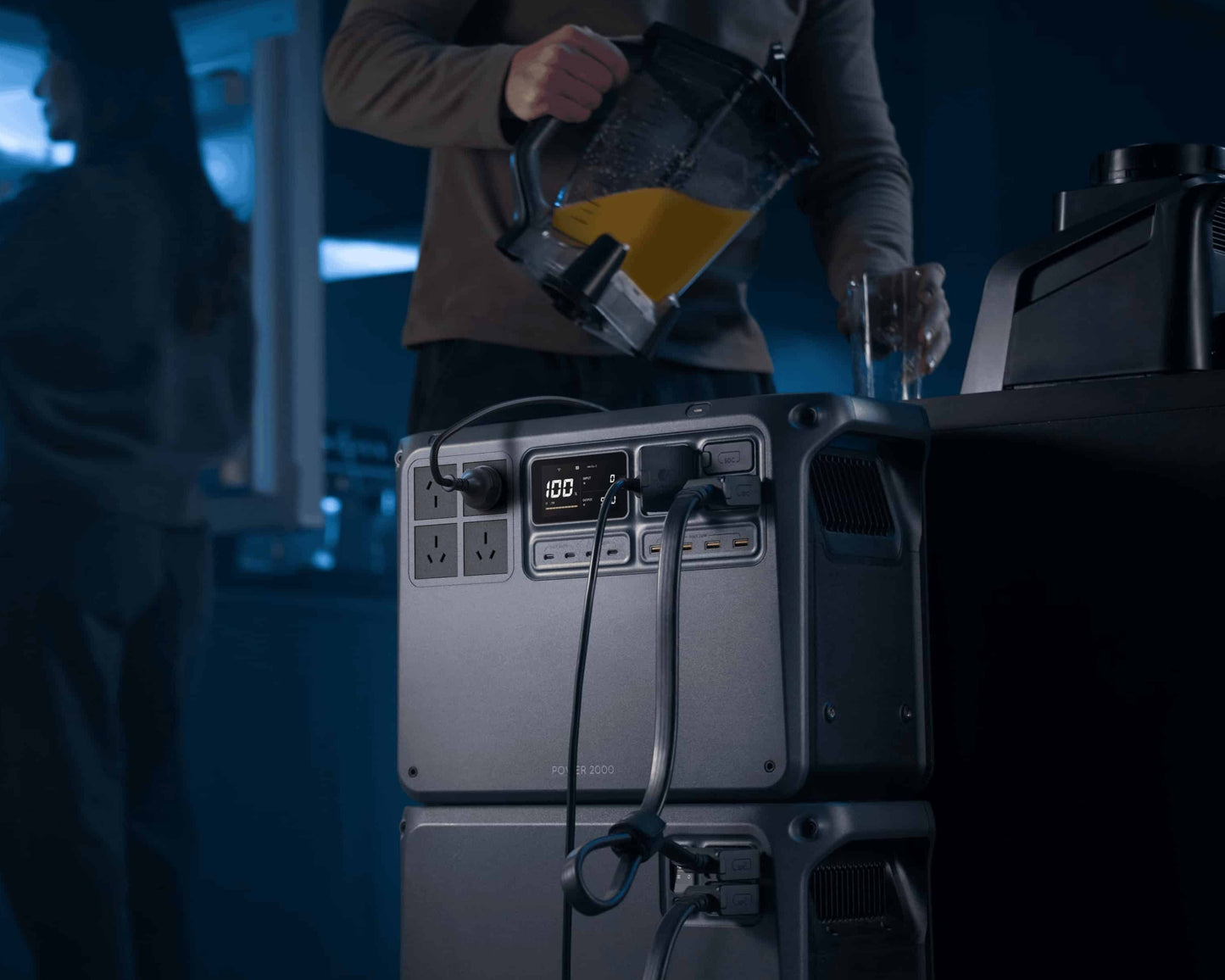 DJI Power 2000 by Yakka Gear – detailed view showing dual 140W USB-C ports, dual 65W USB-C ports, four USB-A ports, four AC output ports, two full-size SD card slots, and one AC input port for versatile power use in Australia.