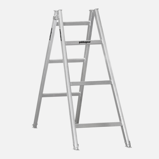 Side view of a 1.8m - 2.1m aluminium trestle with 3 alternating rungs and adjustable legs, designed for tradies, suitable for uneven floors, and used with planks for elevated work, Yakka Gear Australia.