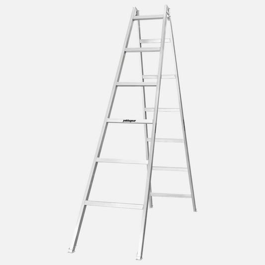 Side view of a 3.6m–3.9m aluminium trestle with 6 alternating rungs and adjustable legs, stable on uneven floors, built for tradies and used with planks for elevated work, Yakka Gear Australia.