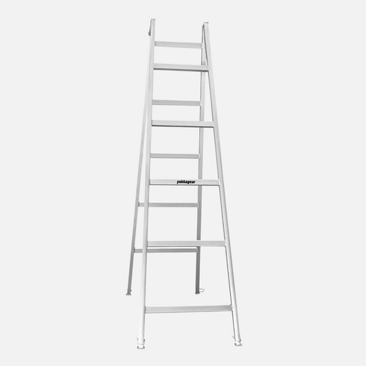 Front view of a 3m–3.3m aluminium trestle with 5 alternating rungs and adjustable legs, ideal for tradies, stable on uneven floors, and used with planks for elevated work, Yakka Gear Australia.