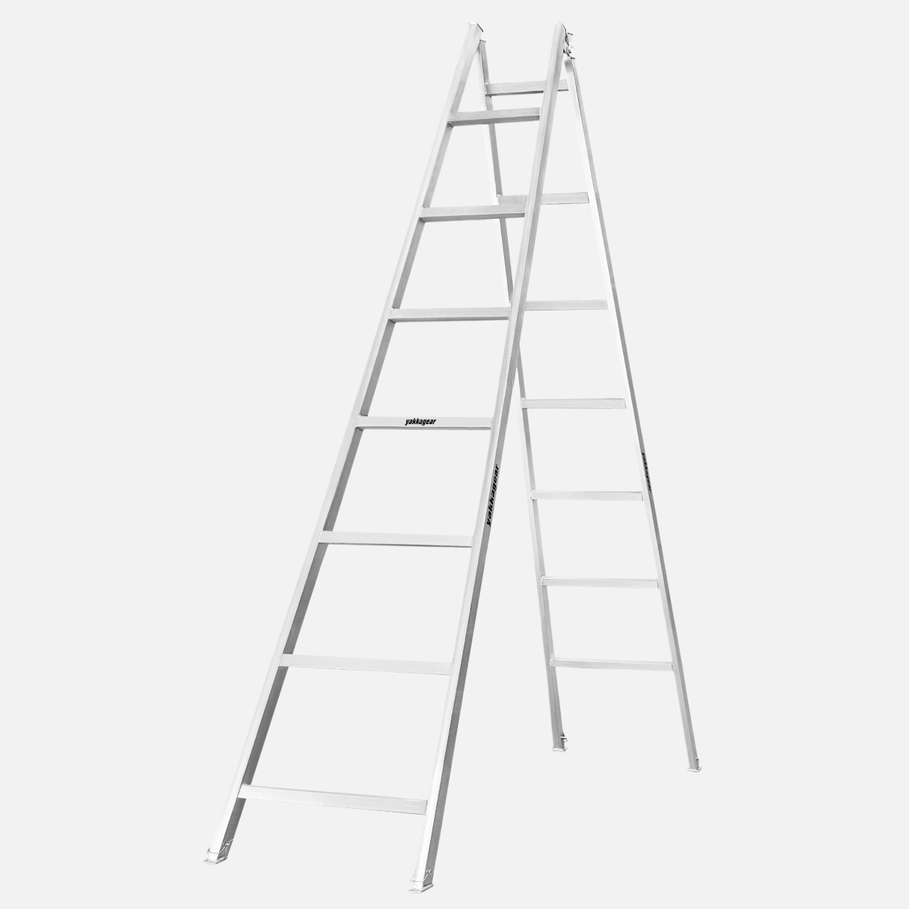 Side view of a 4.2m -4.5m aluminium trestle with 7 alternating rungs and adjustable legs, ideal for tradies working with planks on elevated jobs, Yakka Gear Australia.