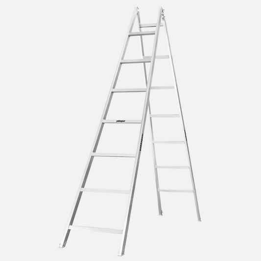 Side view of a 4.2m -4.5m aluminium trestle with 7 alternating rungs and adjustable legs, ideal for tradies working with planks on elevated jobs, Yakka Gear Australia.
