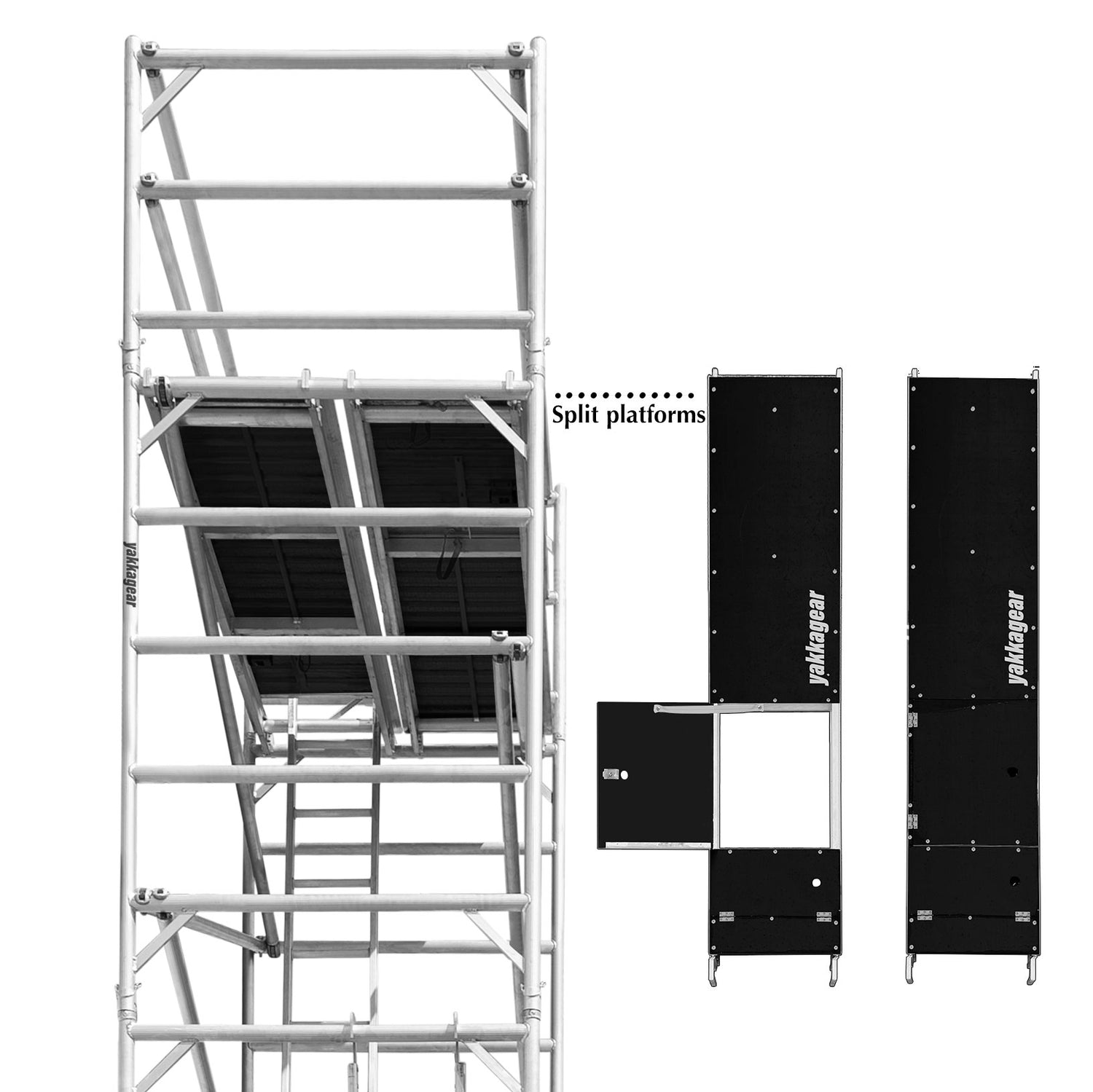 Underside view of Yakka Gear’s wide aluminium scaffold tower with 1.3m width, showing the split-platform design. The two-piece marine plywood platform halves allow for easier height adjustment during assembly and disassembly, making climbing up and down safer and more efficient. This design eliminates the need to lift a full-size platform, reducing effort and improving on-site safety.