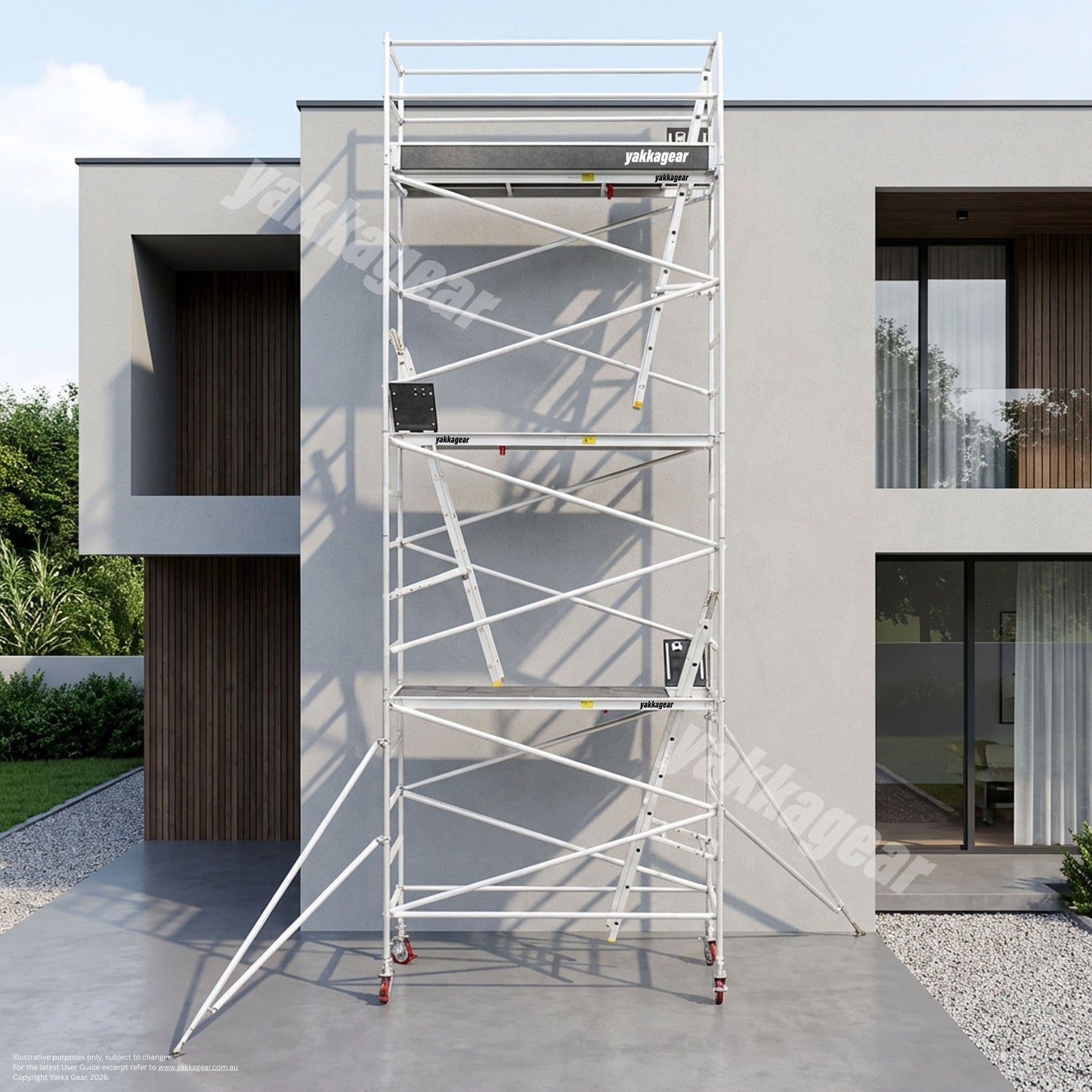 Yakka Gear Australia 8.6m reach slim aluminium scaffold tower with 6.6m platform height, shown outside a modern residential building for elevated access, painting, maintenance and safer jobsite work.