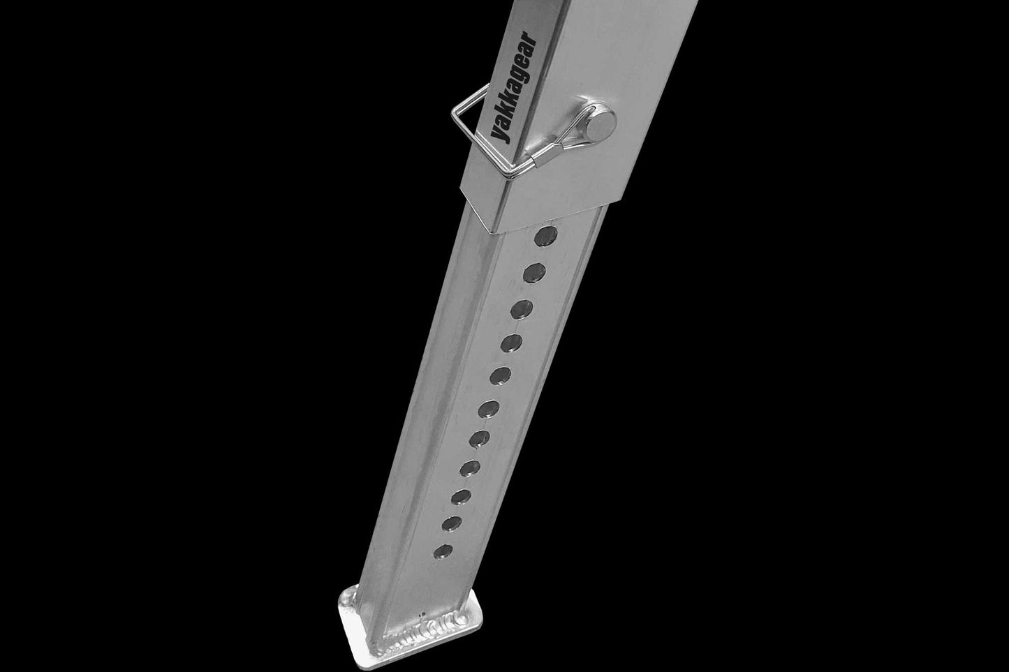 Melbourne Made Adjustable Aluminium A-Frame Trestle Ladders from Yakka Gear. Available in sizes 1.8m, 2.4m, 3.0m, 3.6m, 4.2m, and 4.8m. All adjustable to be higher by 26cm on each leg. Zoomed in on the adjustable leg with a quick pin in place.