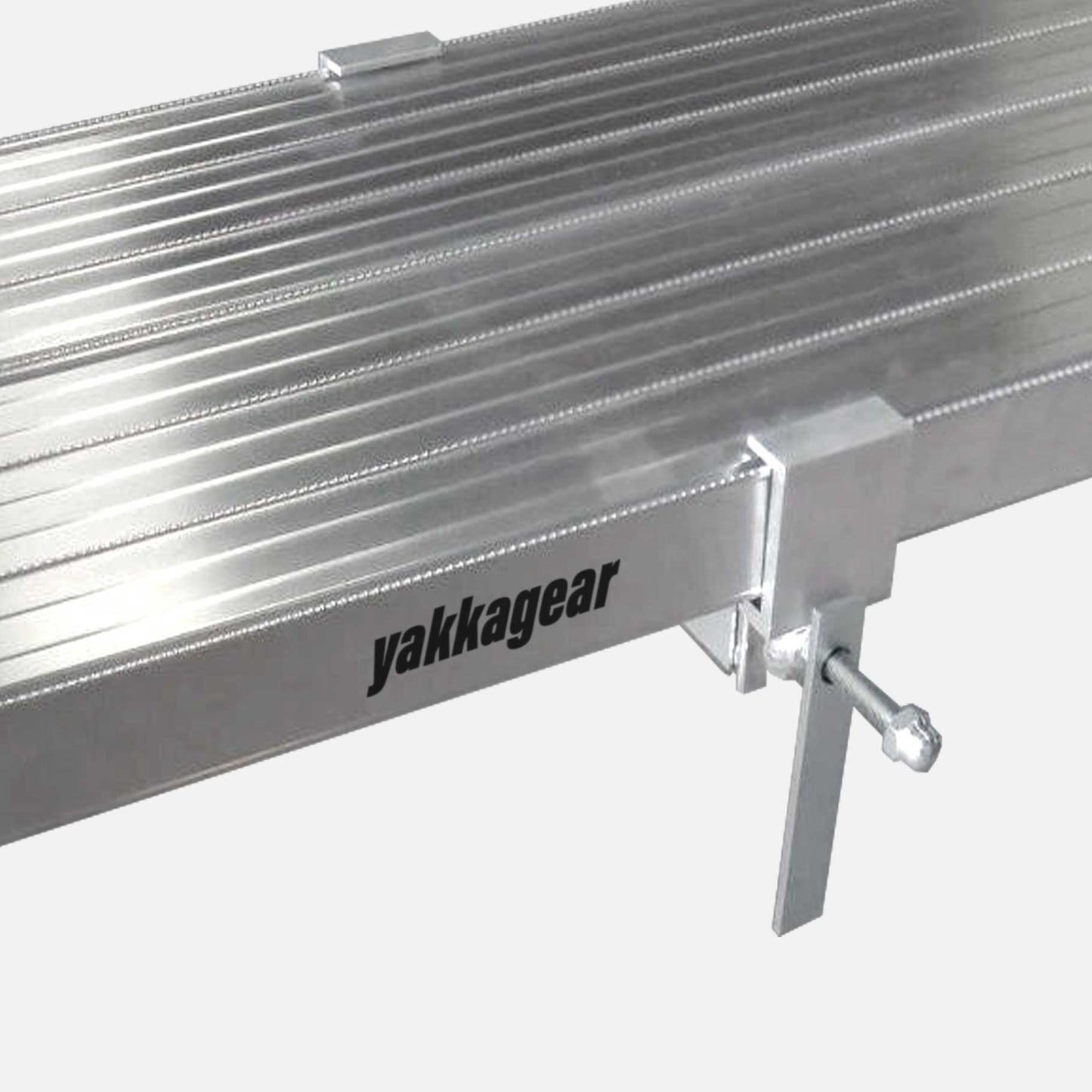 Yakka Gear Australia Plank Clamp being used on two Aluminium Planks as access equipment. Joins two planks together to make the work platform twice as wide and twice as stable. Used on all sized planks including 2.5m, 3m, 3.6m, 4m, 5m and 6m planks. View from above with white background.