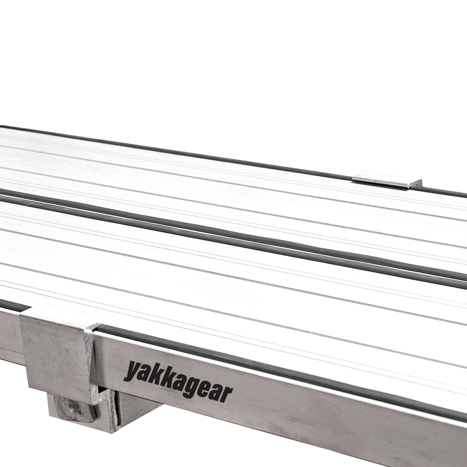 Yakka Gear Australia Plank Clamp being used on two Aluminium Planks as access equipment. Joins two planks together to make the work platform twice as wide and twice as stable. Used on all sized planks including 2.5m, 3m, 3.6m, 4m, 5m and 6m planks. View from above showing that it can be used with or without rubber treads, with black background.