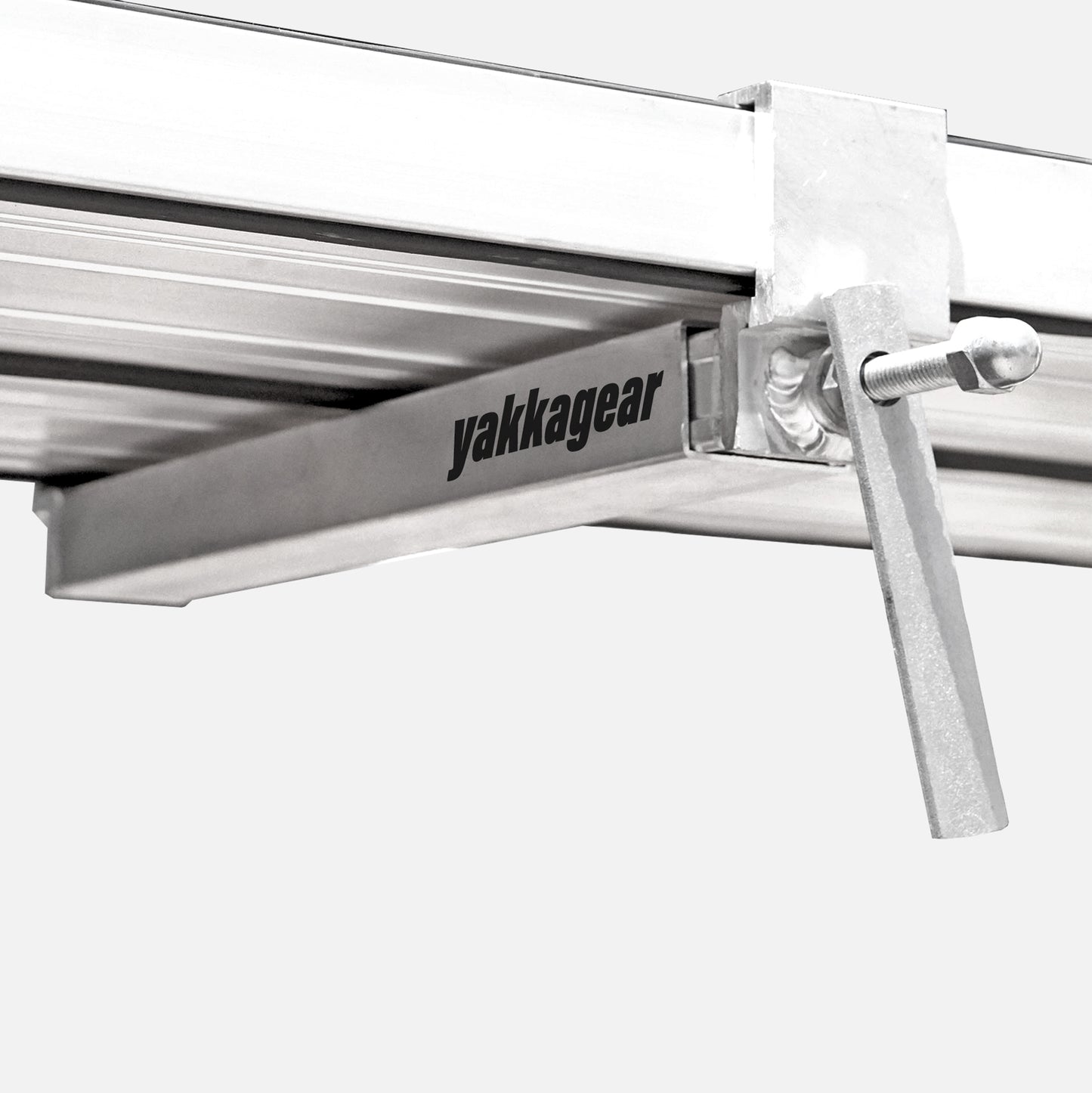Yakka Gear Australia Plank Clamp being used on two Aluminium Planks as access equipment. Joins two planks together to make the work platform twice as wide and twice as stable. Used on all sized planks including 2.5m, 3m, 3.6m, 4m, 5m and 6m planks. View from below showing the spreader bars that distributes the weight and prevents flexing, with white background.