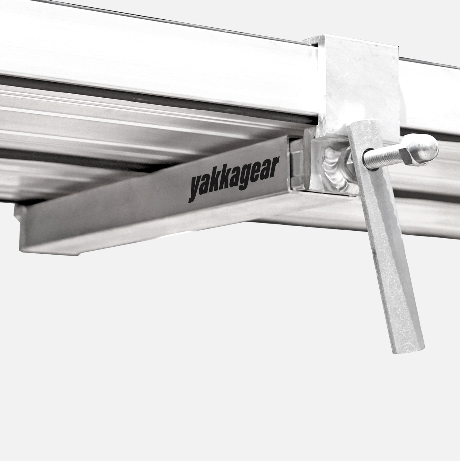 Yakka Gear Australia Plank Clamp being used on two Aluminium Planks as access equipment. Joins two planks together to make the work platform twice as wide and twice as stable. Used on all sized planks including 2.5m, 3m, 3.6m, 4m, 5m and 6m planks. View from below showing the spreader bars that distributes the weight and prevents flexing, with white background.