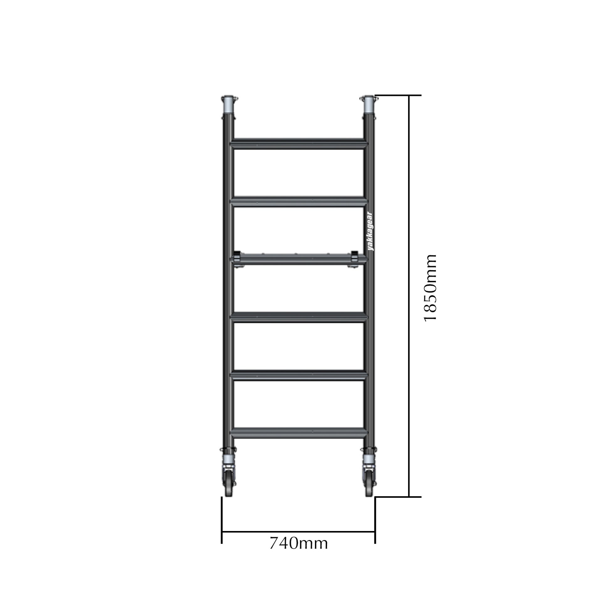 Yakka Gear Australia Frames for 1.44m Length x 0.74m Width compact scaffolding tower as access equipment, with working platform heights ranging from 1.2m to 3.9m and reach between 3.25m to 6m, zoomed in detailed view of frames from the front angle with dimensions.
