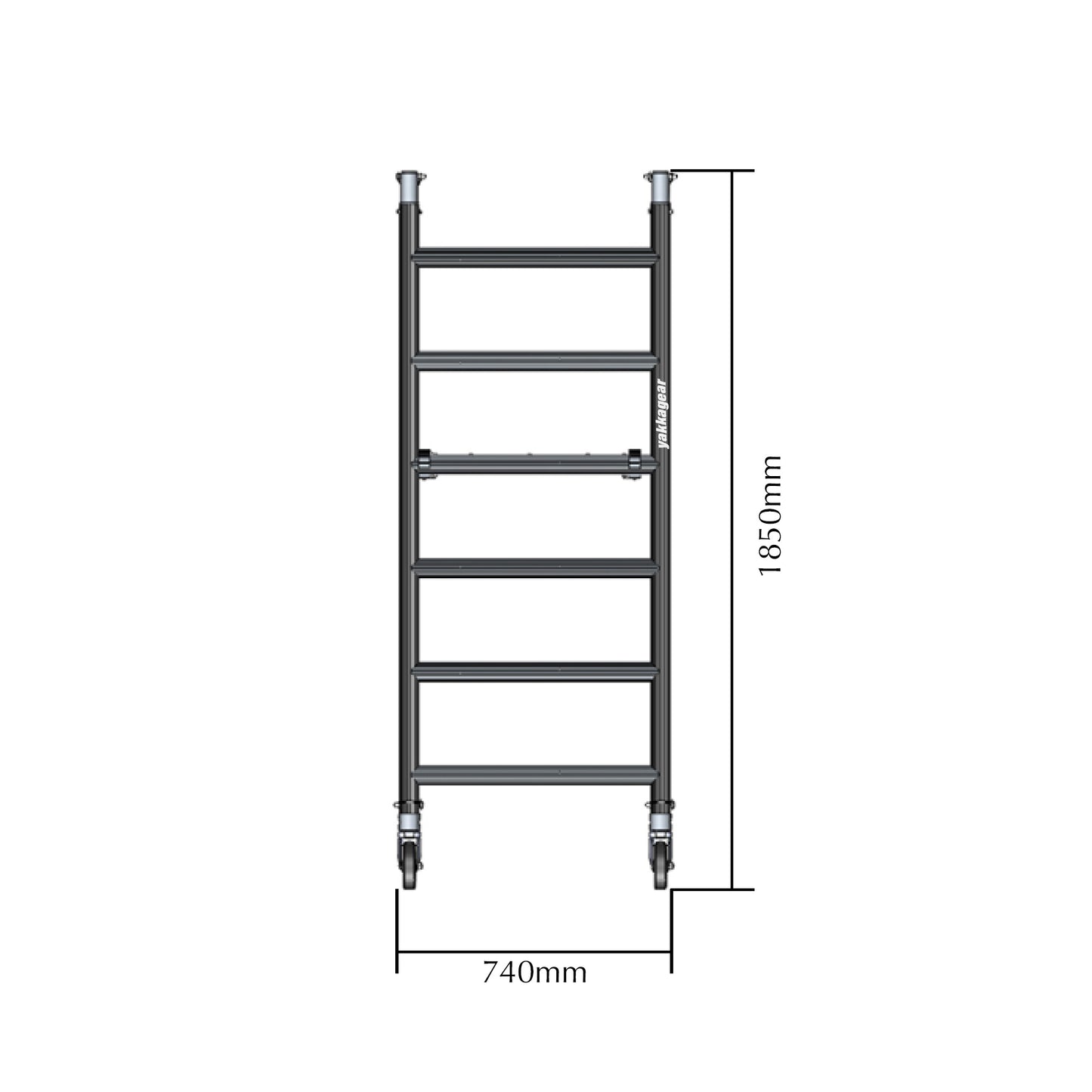 Yakka Gear Australia Frames for 1.44m Length x 0.74m Width compact scaffolding tower as access equipment, with working platform heights ranging from 1.2m to 3.9m and reach between 3.25m to 6m, zoomed in detailed view of frames from the front angle with dimensions.