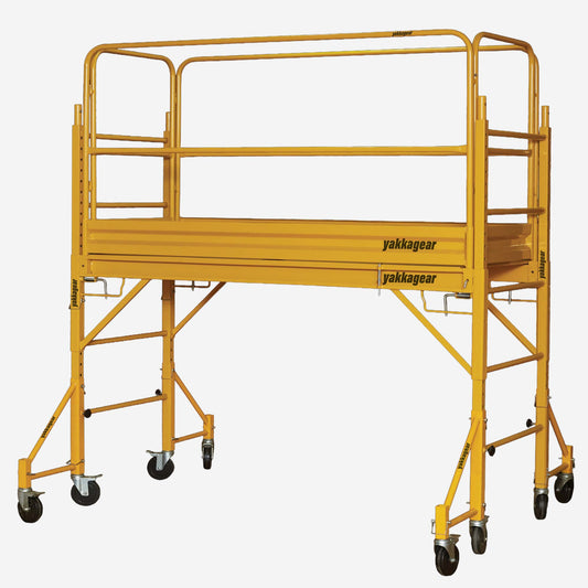 Rapid Mobile Scaffold complete system by Yakka Gear Australia on white background, 3.8m reach with 1.87m L x 0.73m W platform, 1.81m adjustable platform height, heavy-duty steel frame, guard rails, outriggers, and lockable castor wheels.