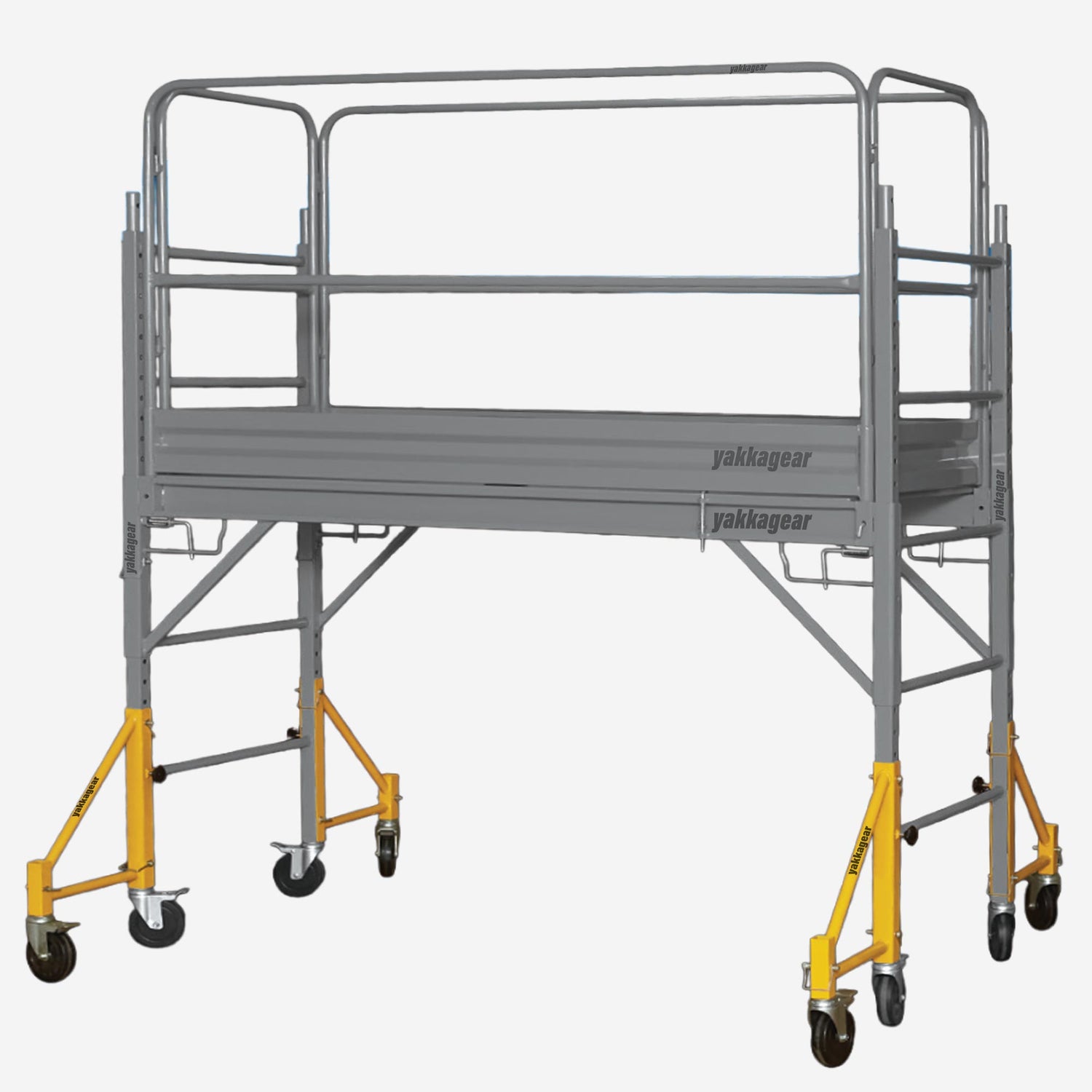 Rapid Scaffold Outrigger Legs with wheels by Yakka Gear Australia on white background, scaffold system greyed out to highlight four heavy-duty outrigger wheels providing extra ground support, stability, and 2-inch height adjustment for uneven surfaces.