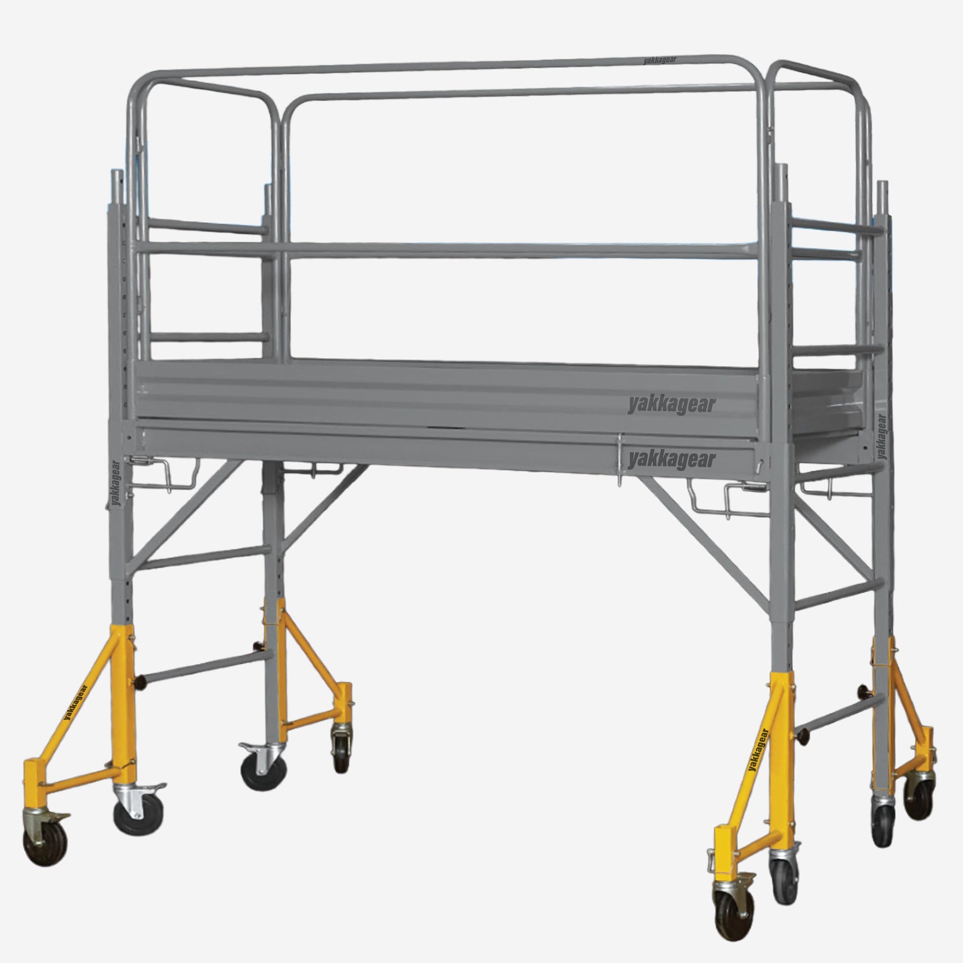 Rapid Scaffold Outrigger Legs with wheels by Yakka Gear Australia on white background, scaffold system greyed out to highlight four heavy-duty outrigger wheels providing extra ground support, stability, and 2-inch height adjustment for uneven surfaces.