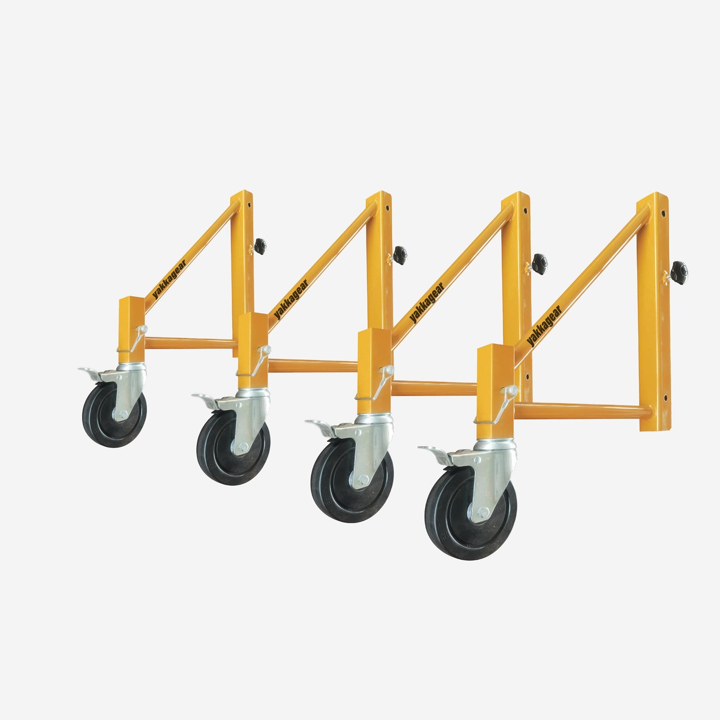 Rapid Scaffold Outrigger Wheels by Yakka Gear Australia, heavy-duty steel construction with 2-inch height adjustment and lockable non-marking wheels for added scaffold stability on uneven ground.