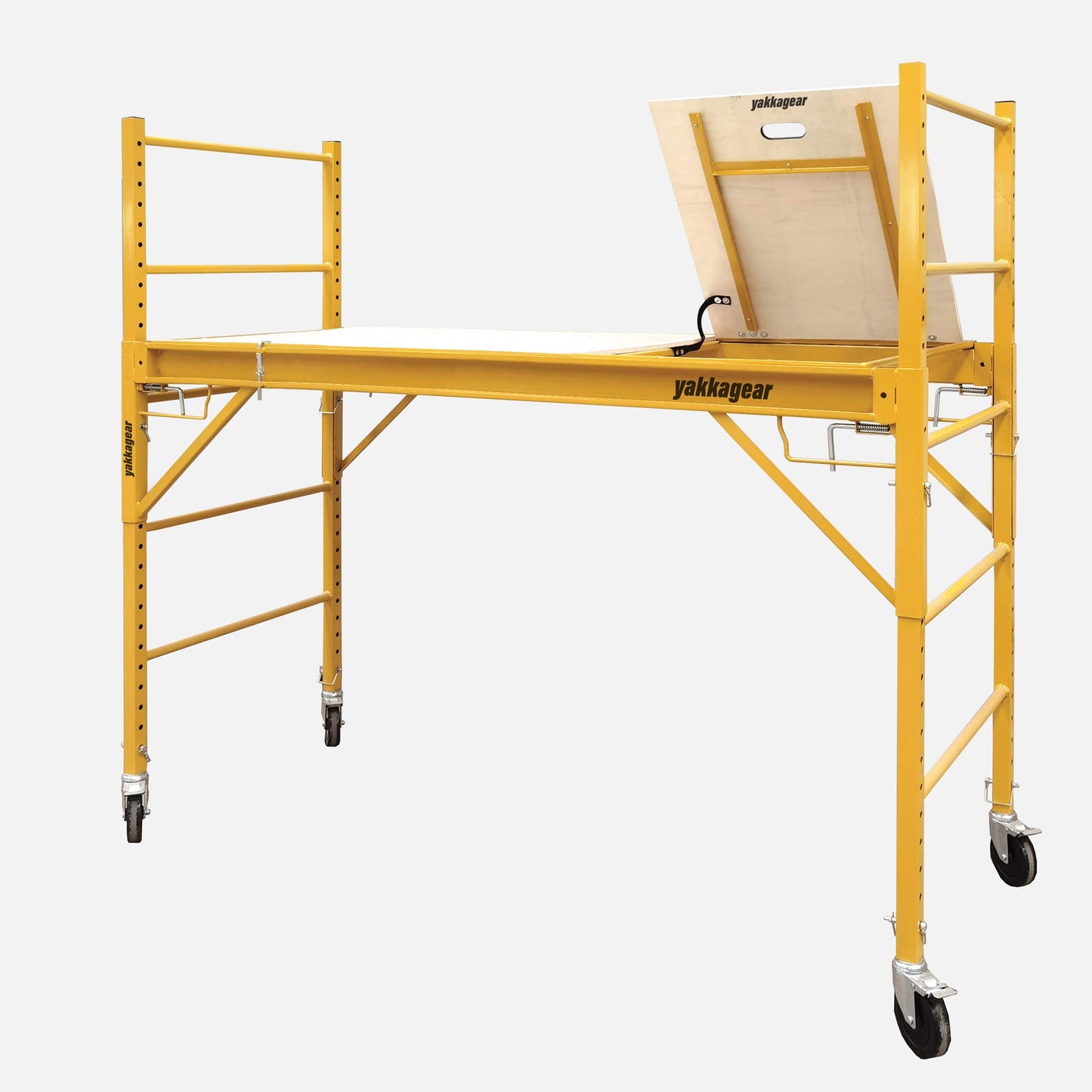Rapid Scaffold Base Unit by Yakka Gear Australia on white background, 1.87m L x 0.73m W platform, 1.81m adjustable platform height, heavy-duty powder-coated steel frame with reinforced plywood platform and lockable castor wheels.
