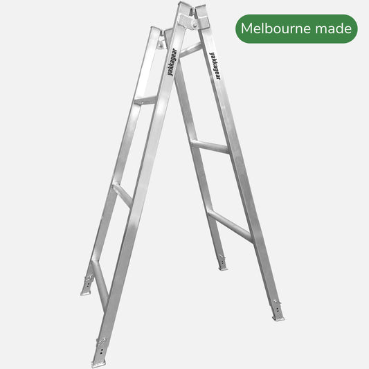 1.8m to 2.1m Melbourne Made Adjustable Aluminium A-Frame Trestle Ladders from Yakka Gear, view from the side.