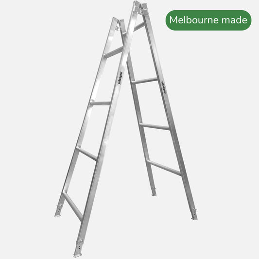 2.4m to 2.7m Melbourne Made Adjustable Aluminium A-Frame Trestle Ladders from Yakka Gear, view from the side.
