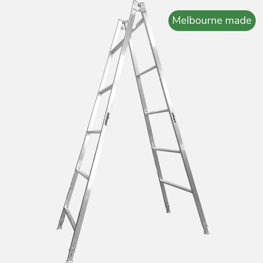 3.0m to 3.3m Melbourne Made Adjustable Aluminium A-Frame Trestle Ladders from Yakka Gear, view from the side.