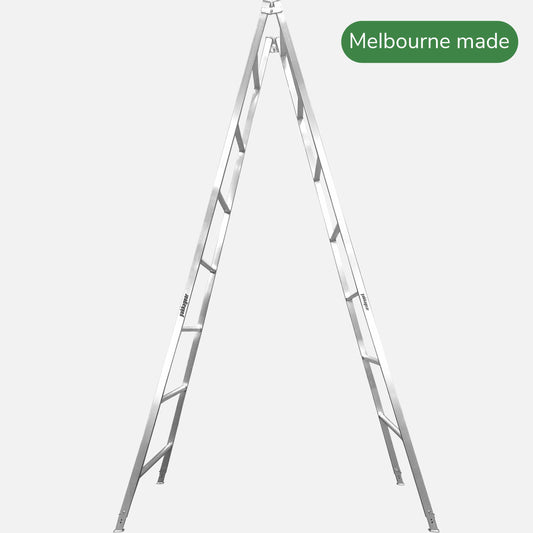 4.2m to 4.5m Melbourne Made Adjustable Aluminium A-Frame Trestle Ladders from Yakka Gear, view from the side.