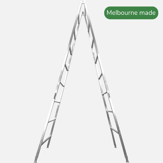 4.8m to 5.1m Melbourne Made Adjustable Aluminium A-Frame Trestle Ladders from Yakka Gear, view from the side.