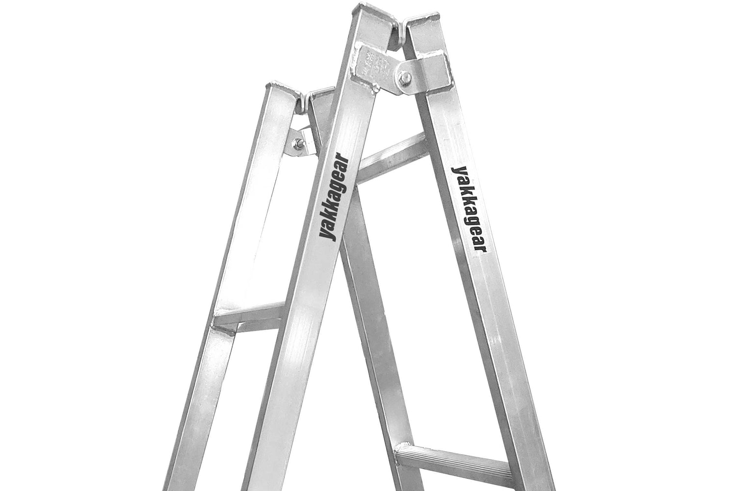 Yakka Gear Melbourne Made Sustainable Australia Aluminium Trestles as access equipment. Various sized trestles available including 1.8m, 2.4m, 3.0m, 3.6m, 4.2m, 4.8m. All the trestles are adjustable by 260mm with Adjustable legs. Zoomed in detailed view of the top of the trestle to show the alternating rungs and the aluminium. View from the side on a white background. 