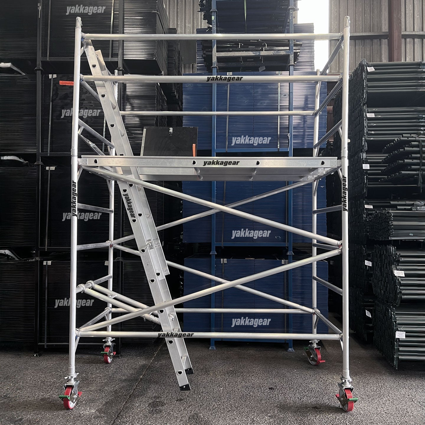 4.6m Reach (2.6m Platform) Aluminium Wide Mobile Scaffolding 2.5m x 1.3m | Yakka Gear - warehouse demonstration - front