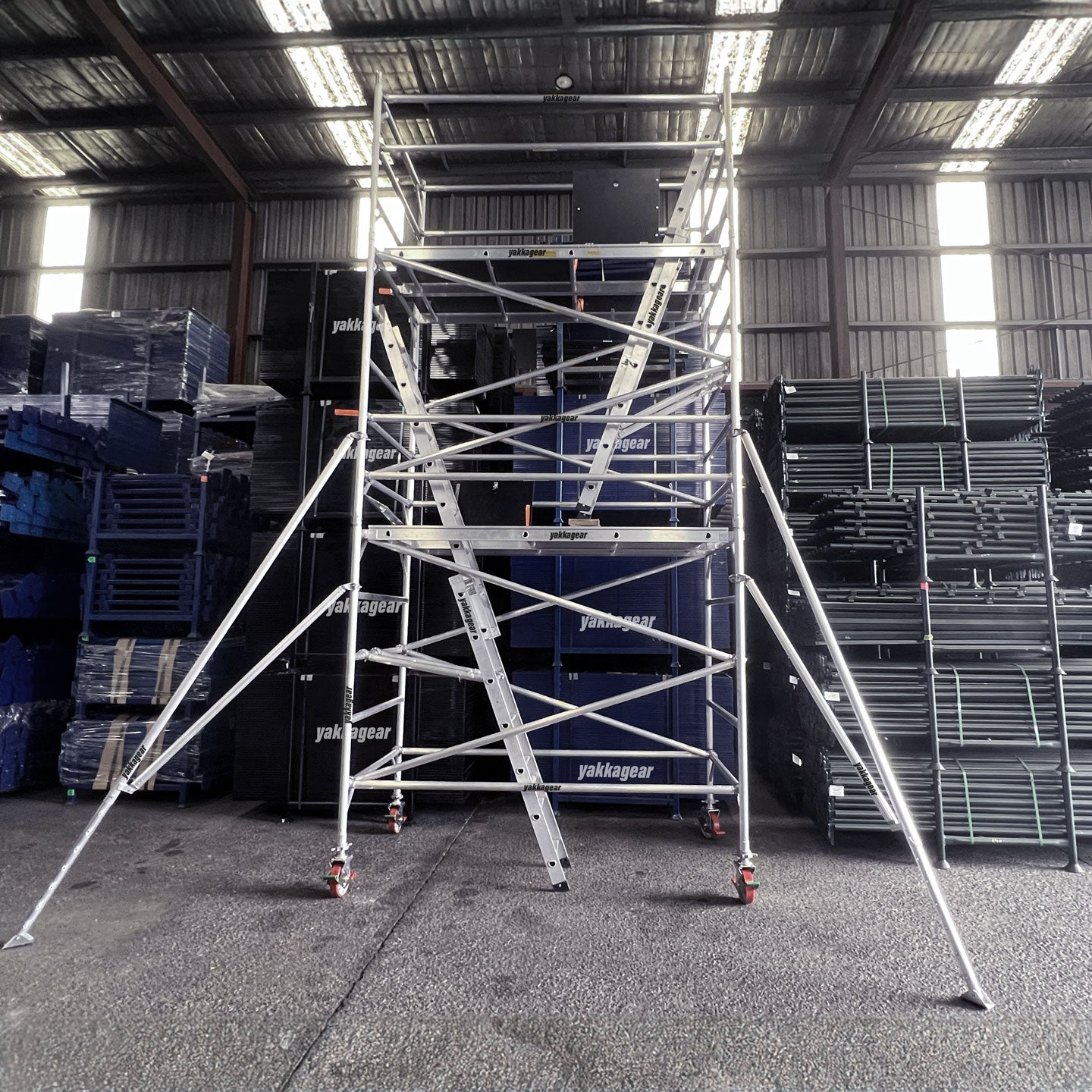 6.6m Reach (4.6m Platform) Aluminium Wide Mobile Scaffolding 2.5m x 1.3m | Yakka Gear - warehouse demonstration - front