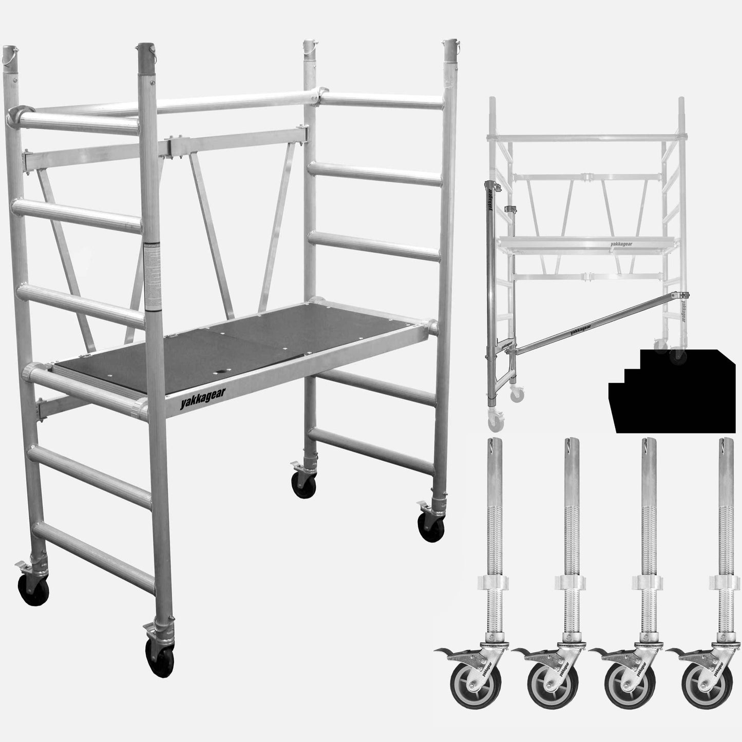 Yakka Gear Australia 3.6m reach aluminium mobile scaffold tower with 1.6m platform height, platform deck, guardrails, ladder frame and lockable caster wheels – rolling scaffolding with All Terrain Stairs Toolkit.