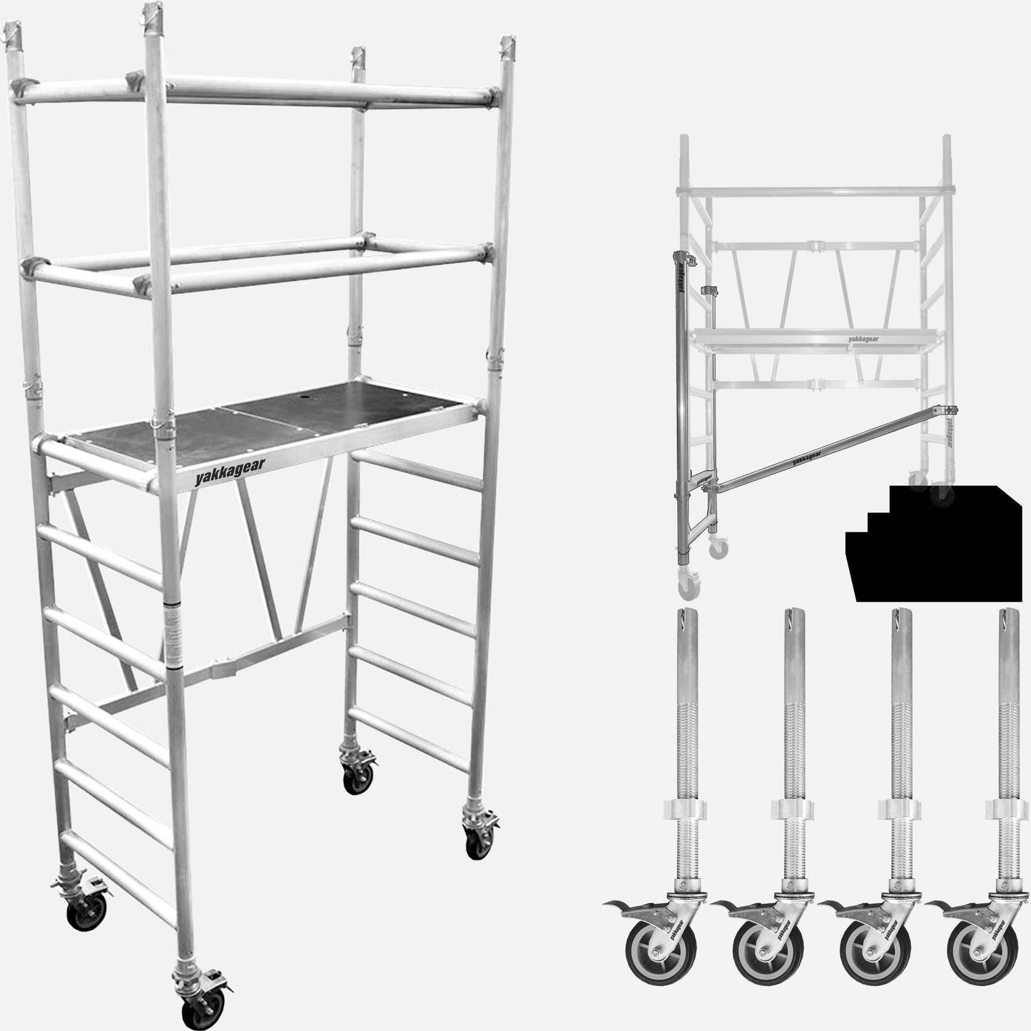 Yakka Gear Australia 4.2m reach aluminium mobile scaffold tower with 2.2m platform height, guardrails, ladder frame and lockable caster wheels – rolling scaffolding for construction and maintenance, including the All Terrain Stairs Toolkit with adjustable legs and stair-ready wheels