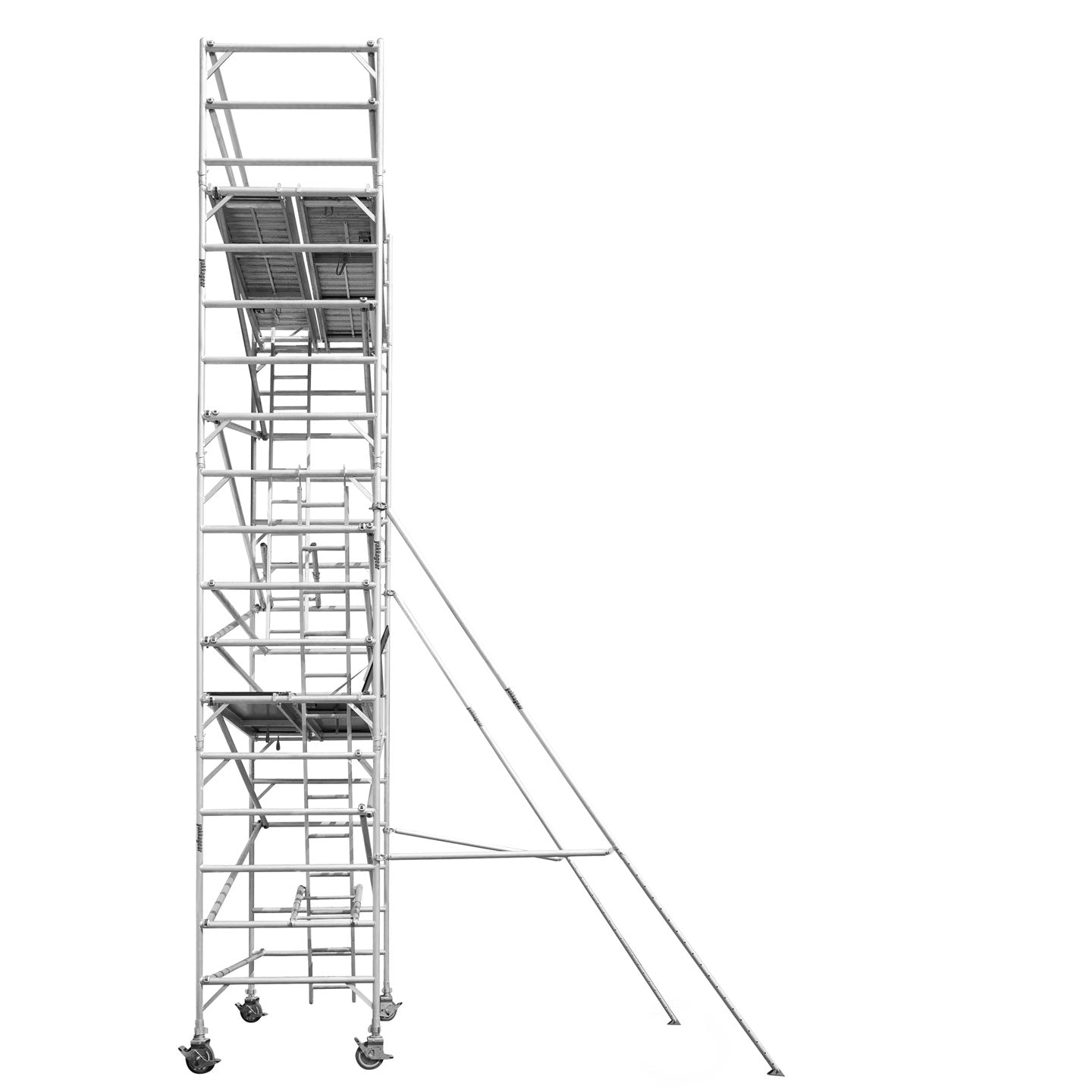 Yakka Gear Australia 2.5m Length 1.3m Wide 8.6m reach wide scaffolding tower access equipment with working height of 6.6m, view from the side showing the extruding supporting legs outriggers.  