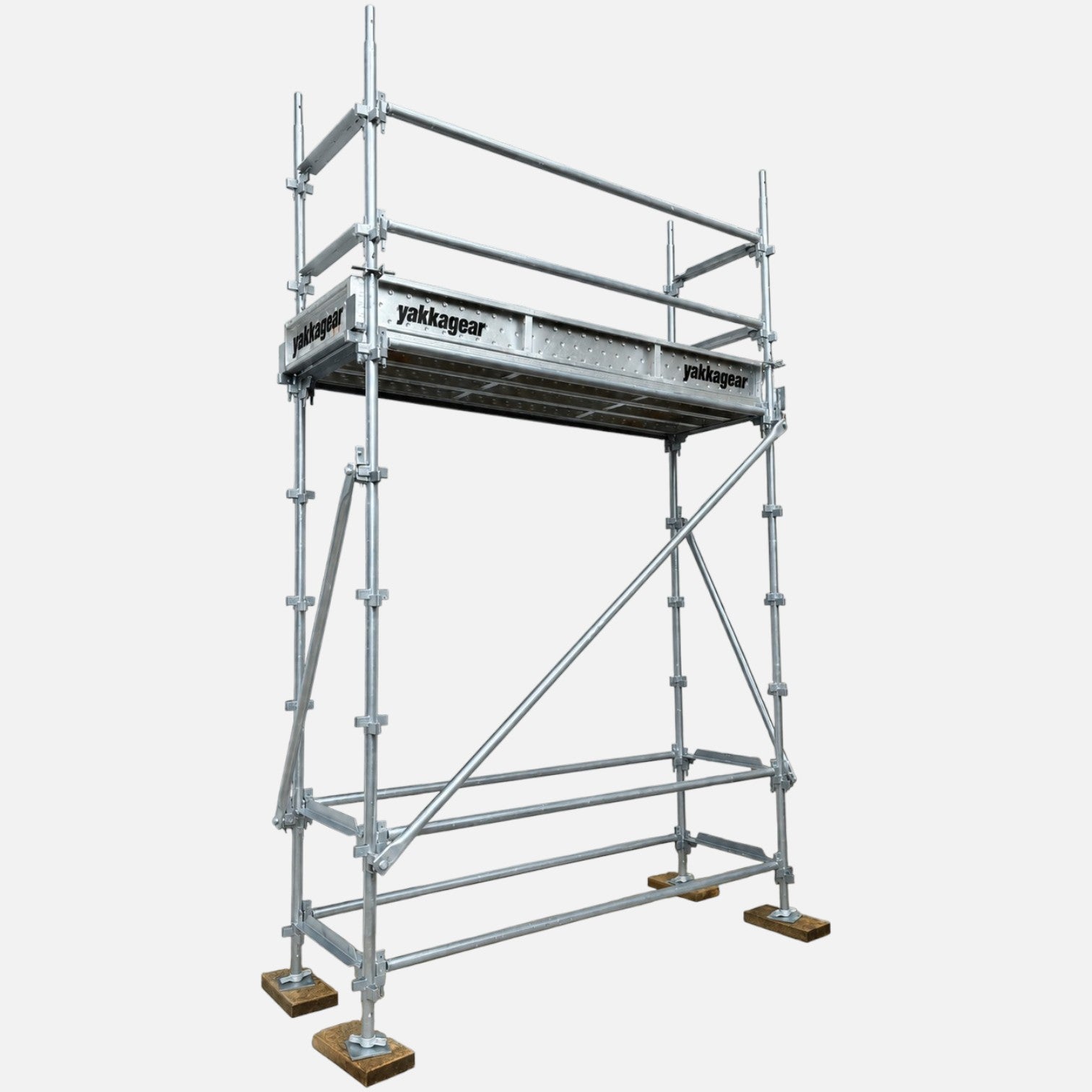 Yakka Gear 5m reach slim Kwikstage Scaffolding system in galvanised steel, featuring a 3m platform height, 2.4m overall length and 0.7m slim width, with guardrails, diagonal bracing, adjustable base jacks and Yakka Gear branded components, designed for construction and elevated access applications across Australia.