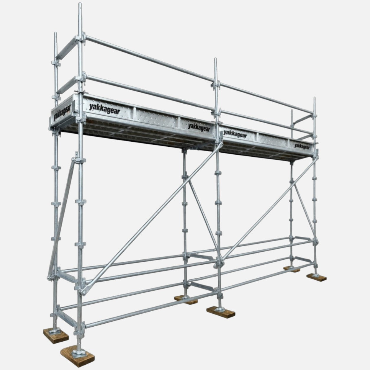 Yakka Gear 5m reach slim Kwikstage Scaffolding system in galvanised steel, featuring a 3m platform height, 4.8m overall length and 0.7m slim width, with guardrails, diagonal bracing, adjustable base jacks and Yakka Gear branded components, designed for construction and elevated access applications across Australia.