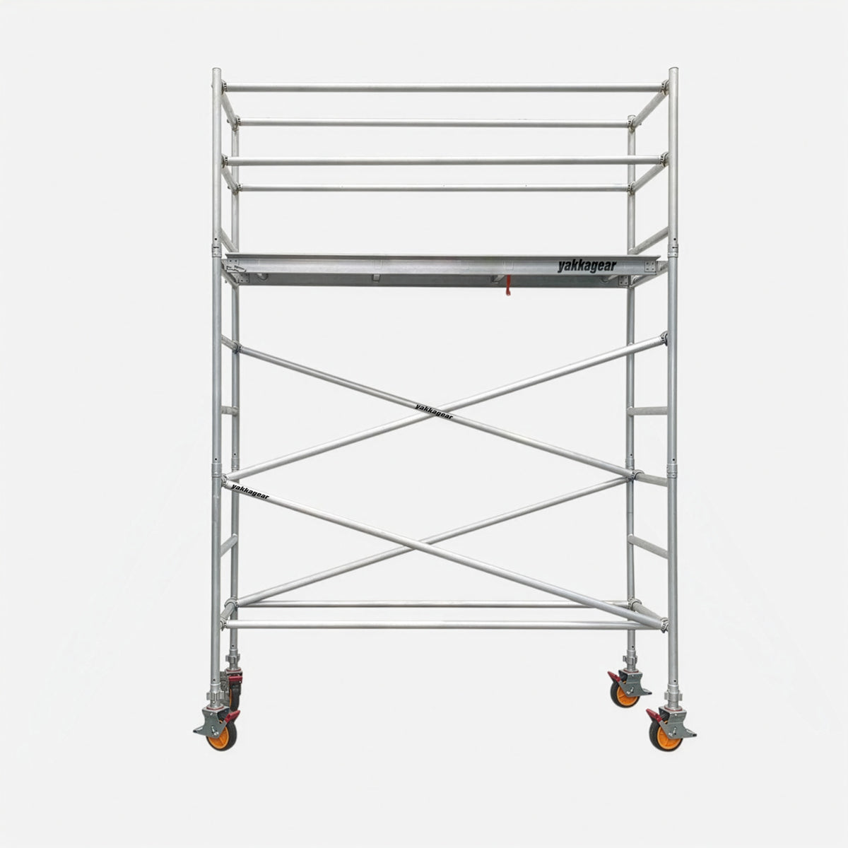 Yakka Gear 5m reach slim mobile scaffold tower Aluminium, featuring a 3m platform height and 0.7m slim width, with Yakka gear branded deck, safety guardrails, cross bracing, lockable castor wheels and stabiliser outriggers for elevated access and constriction work across Australia.