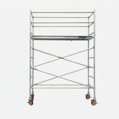 Yakka Gear 5m reach slim mobile scaffold tower Aluminium, featuring a 3m platform height and 0.7m slim width, with Yakka gear branded deck, safety guardrails, cross bracing, lockable castor wheels and stabiliser outriggers for elevated access and constriction work across Australia.