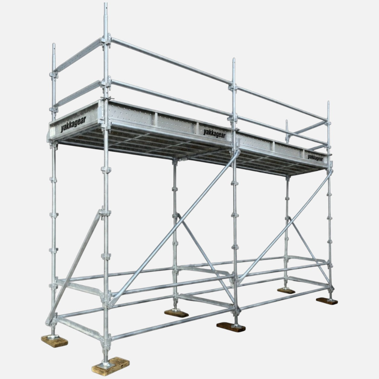 Yakka Gear 5m reach wide Kwikstage Scaffolding system in galvanised steel, featuring a 3m platform height, 4.8m overall length and 1.3m wide working platform, with guardrails, diagonal bracing, adjustable base jacks and Yakka Gear branded components, designed for safe elevated access on construction and building projects across Australia.