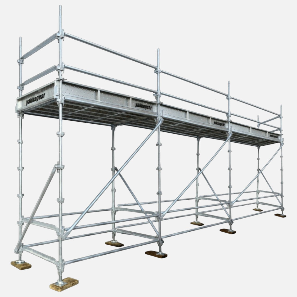 Yakka Gear 5m reach wide Kwikstage Scaffolding system in galvanised steel, featuring a 3m platform height, 7.2m overall length and 1.3m wide working platform, with guardrails, diagonal bracing, adjustable base jacks and Yakka Gear branded components, designed for safe elevated access on construction and building projects across Australia.