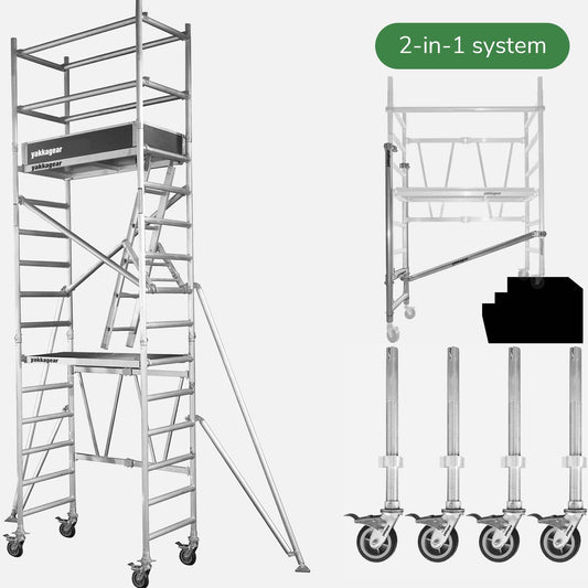 Yakka Gear Australia 6m reach (4.0m platform height) 2-in-1 aluminium mobile scaffold tower system, converts into two separate scaffolds, includes All Terrain Stairs Toolkit, adjustable legs and lockable caster wheels – rolling scaffolding for tradies.