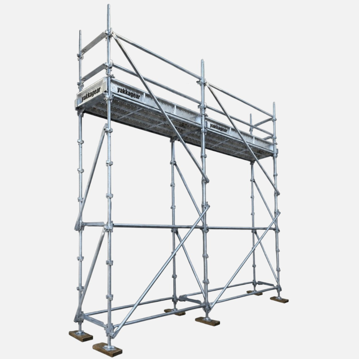Yakka Gear 6m reach slim Kwikstage Scaffolding system in galvanised steel, featuring a 4m platform height, 4.8m overall length and 0.7m slim width, with guardrails, diagonal bracing, adjustable base jacks and Yakka Gear branded components, designed for construction and elevated access applications across Austral